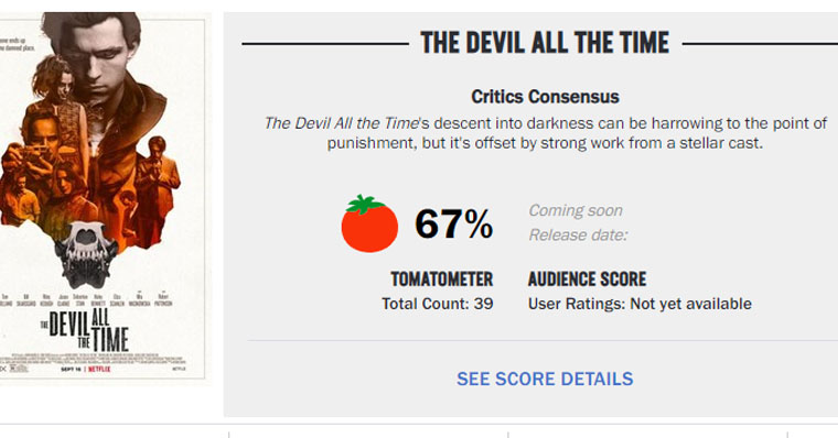 O Diabo de Cada Dia: Revelada nota no Rotten Tomatoes do novo filme da Netflix O Diabo de Cada Dia: Revelada nota no Rotten Tomatoes do novo filme da Netflix